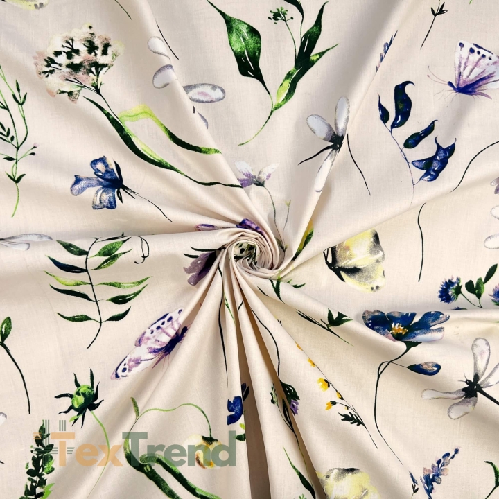 Baumwolle 100% Blumen, Libellen und Schmetterlinge auf hellbeigem Hintergrund  
