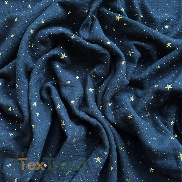 Musselin double gauze dunkel navy (Dark Navy) mit goldenen Sternen  