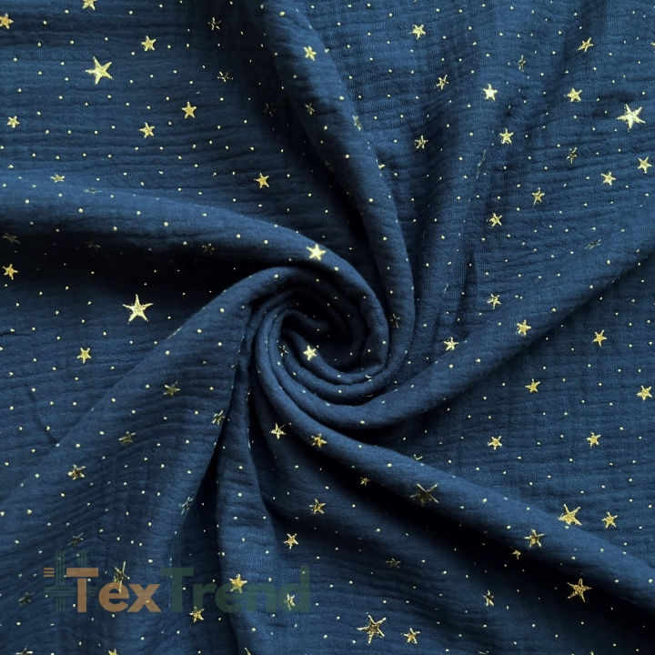Musselin double gauze dunkel navy (Dark Navy) mit goldenen Sternen  