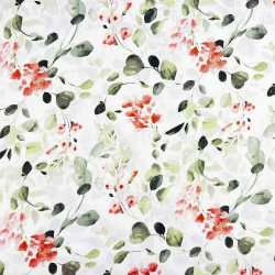 Baumwolle 100% Eukalyptusblätter mit roten Blumen auf weißem Hintergrund  