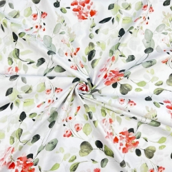 Baumwolle 100% Eukalyptusblätter mit roten Blumen auf weißem Hintergrund  