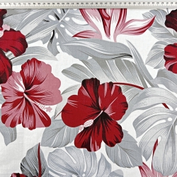 100% Baumwolle mit bordeaux-grauen Hibiskusblumen  