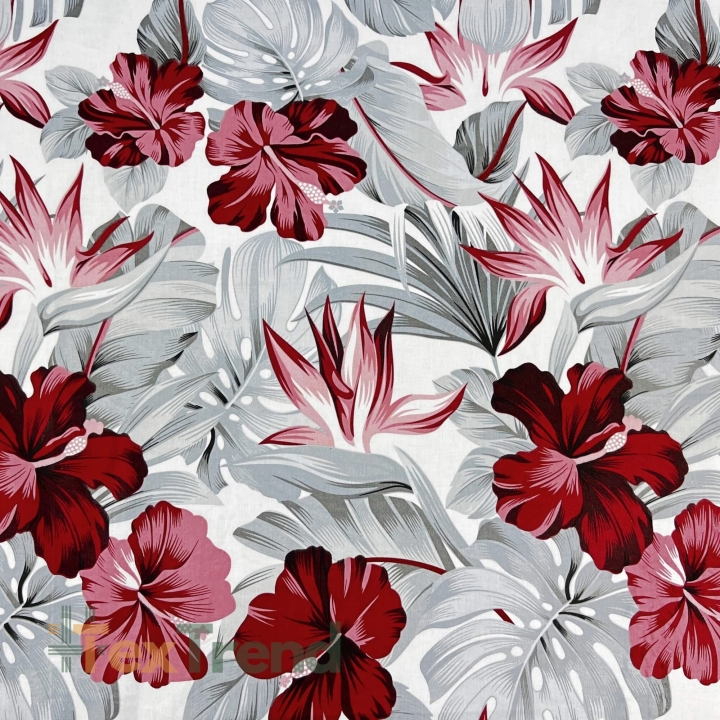100% Baumwolle mit bordeaux-grauen Hibiskusblumen  