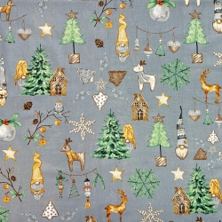 Baumwolle 100% Weihnachtsmuster Wichtel orange mit Haus und Tanne auf grauem Hintergrund  