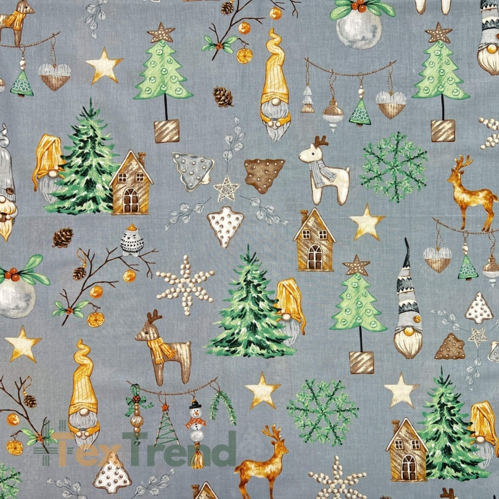 Baumwolle 100% Weihnachtsmuster Wichtel orange mit Haus und Tanne auf grauem Hintergrund  