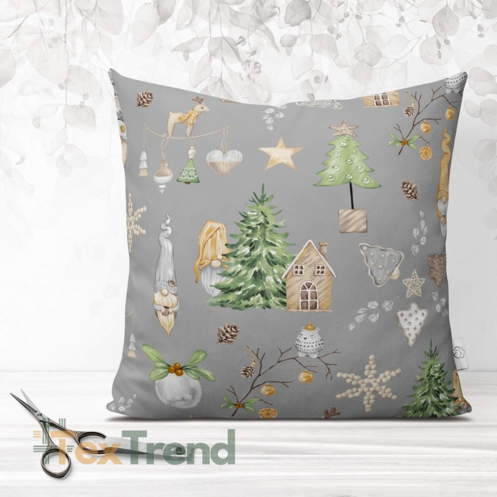 Baumwolle 100% Weihnachtsmuster Wichtel orange mit Haus und Tanne auf grauem Hintergrund  