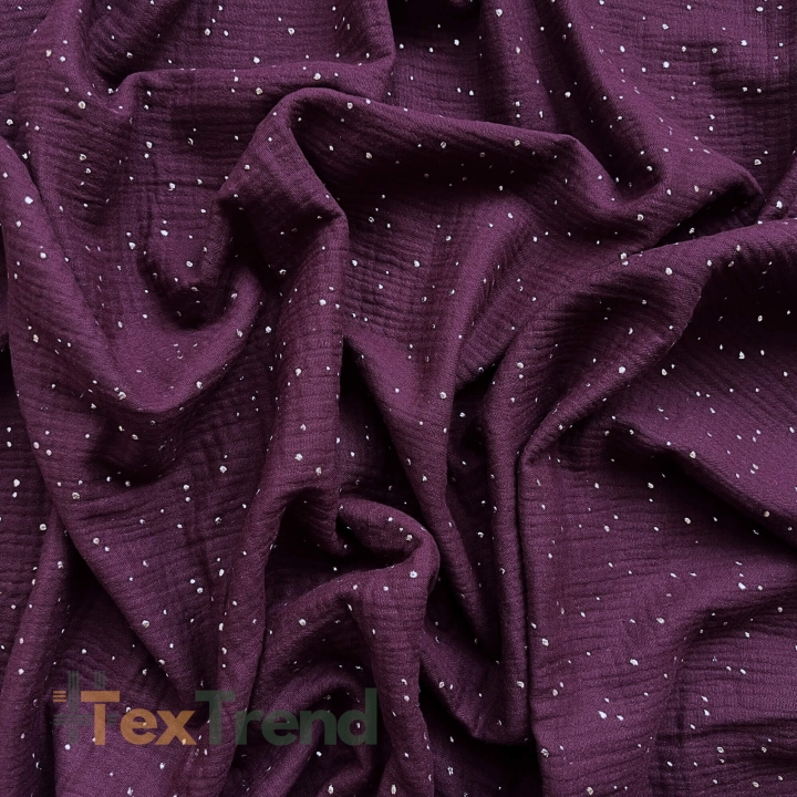 Musselin double gauze bordeaux (Claret) mit goldenen Punkten  