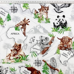 Baumwolle 100% Tiere auf Kontinenten auf weißem Hintergrund  