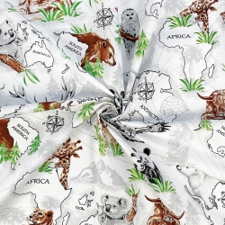 Baumwolle 100% Tiere auf Kontinenten auf weißem Hintergrund  