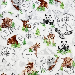 Baumwolle 100% Tiere auf Kontinenten auf weißem Hintergrund  