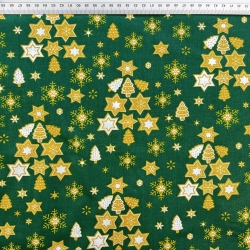 100% Baumwolle mit weihnachtlichem Muster von Tannenbäumen mit Sternen auf grünem Hintergrund  