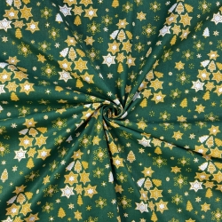 100% Baumwolle mit weihnachtlichem Muster von Tannenbäumen mit Sternen auf grünem Hintergrund  