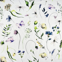 Baumwolle 100% Blumen, Libellen und Schmetterlinge auf weißem Hintergrund  