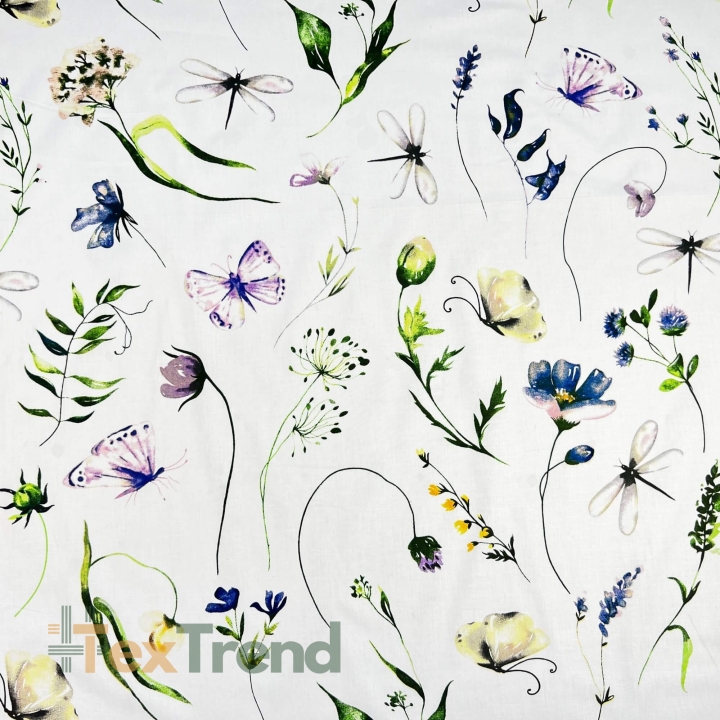 Baumwolle 100% Blumen, Libellen und Schmetterlinge auf weißem Hintergrund  
