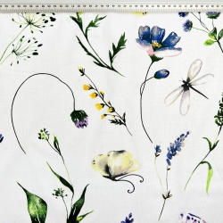 Baumwolle 100% Blumen, Libellen und Schmetterlinge auf weißem Hintergrund  