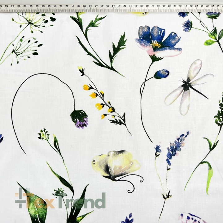 Baumwolle 100% Blumen, Libellen und Schmetterlinge auf weißem Hintergrund  