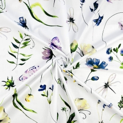 Baumwolle 100% Blumen, Libellen und Schmetterlinge auf weißem Hintergrund  