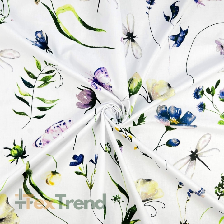 Baumwolle 100% Blumen, Libellen und Schmetterlinge auf weißem Hintergrund  