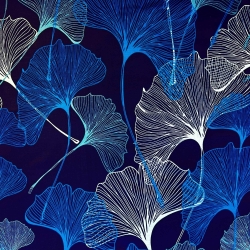 Baumwolle 100% Ginkgo-Blätter blau-saphir auf dunkelblauem Hintergrund - 220cm  
