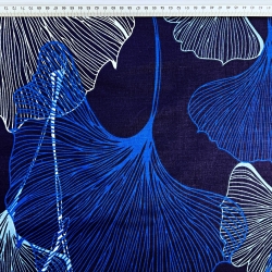 Baumwolle 100% Ginkgo-Blätter blau-saphir auf dunkelblauem Hintergrund - 220cm  