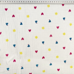 Musselin Double Gauze bedruckt mit Herzen und Segelbooten  