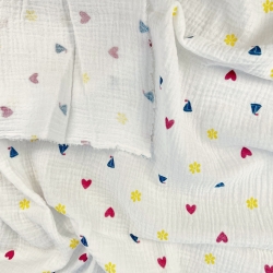 Musselin Double Gauze bedruckt mit Herzen und Segelbooten  