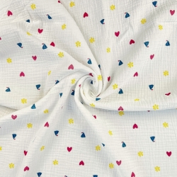 Musselin Double Gauze bedruckt mit Herzen und Segelbooten  