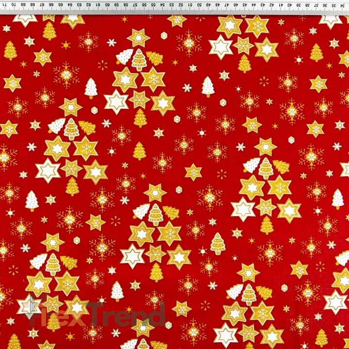 100% Baumwolle mit weihnachtlichem Muster von Tannenbäumen mit Sternen auf rotem Hintergrund  