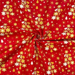 100% Baumwolle mit weihnachtlichem Muster von Tannenbäumen mit Sternen auf rotem Hintergrund  