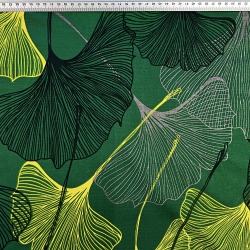 Baumwolle 100% Ginkgo-Blätter gelb-grau auf dunkelgrünem Hintergrund  