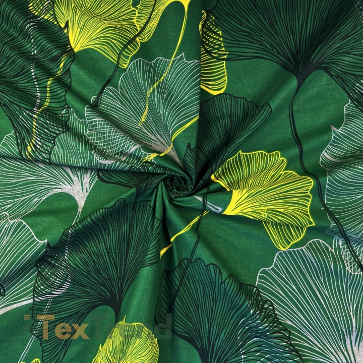 Baumwolle 100% Ginkgo-Blätter gelb-grau auf dunkelgrünem Hintergrund  