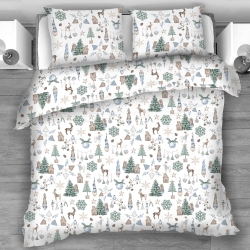 Baumwolle 100% Weihnachtsmuster Wichtel blau mit Haus und Tanne auf weißem Hintergrund  