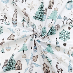 Baumwolle 100% Weihnachtsmuster Wichtel blau mit Haus und Tanne auf weißem Hintergrund  