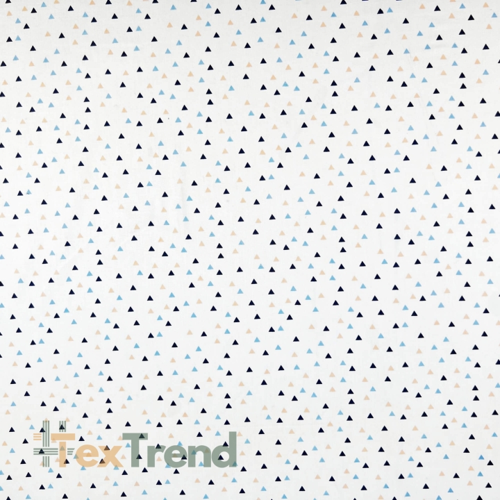 Baumwolle 100% Mini-Dreiecke in blau-apricot auf weißem Hintergrund  