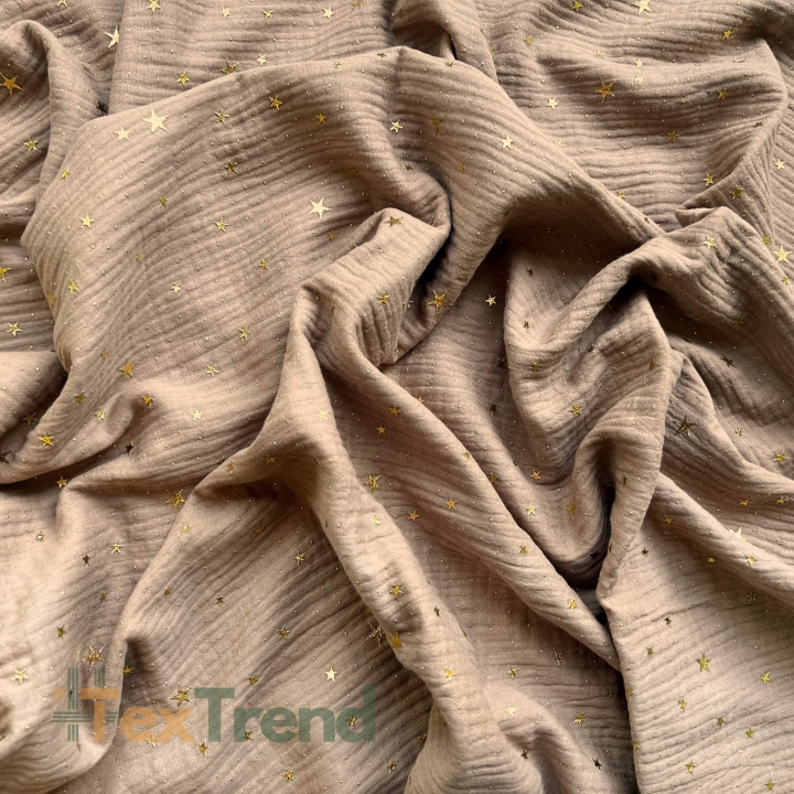 Musselin double gauze hellbraun (Light Brown) mit goldenen Sternen  