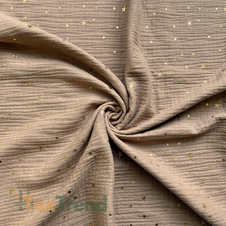 Musselin double gauze hellbraun (Light Brown) mit goldenen Sternen  