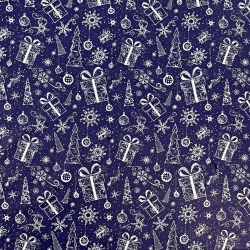 100% Baumwolle mit weihnachtlichem Muster von Tannenbaumkonturen mit Geschenken auf dunkelblauem Hintergrund  