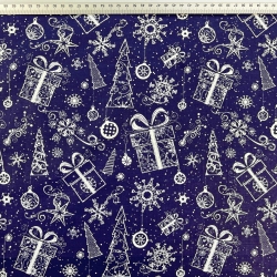 100% Baumwolle mit weihnachtlichem Muster von Tannenbaumkonturen mit Geschenken auf dunkelblauem Hintergrund  