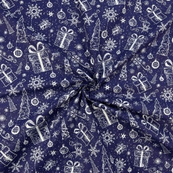 100% Baumwolle mit weihnachtlichem Muster von Tannenbaumkonturen mit Geschenken auf dunkelblauem Hintergrund  