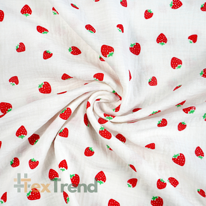 Musselin Double Gauze bedruckt mit Erdbeeren  
