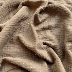 Musselin double gauze hellbraun (Light Brown) mit goldenen Punkten  