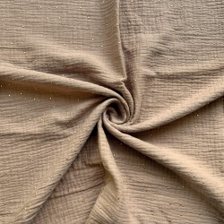 Musselin double gauze hellbraun (Light Brown) mit goldenen Punkten  
