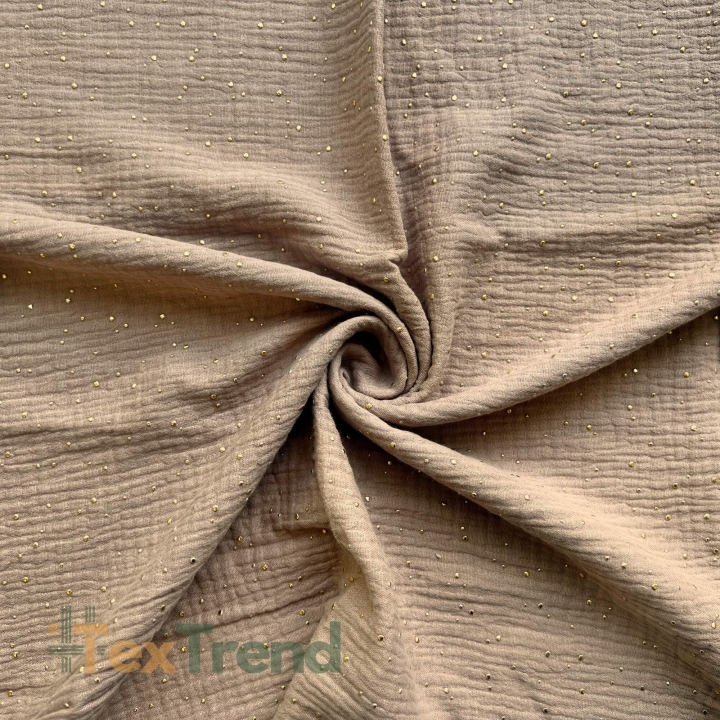 Musselin double gauze hellbraun (Light Brown) mit goldenen Punkten  