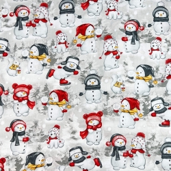 Baumwolle 100% Weihnachtsmuster Schneemänner rot mit Hunden auf grau-beigem Hintergrund  