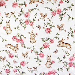 Baumwolle 100% Hasen und Vögel mit Rosen auf weißem Hintergrund  