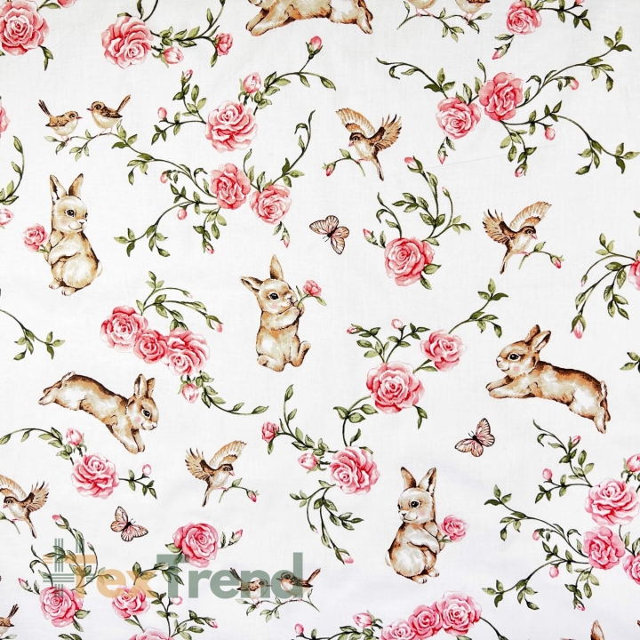 Baumwolle 100% Hasen und Vögel mit Rosen auf weißem Hintergrund  