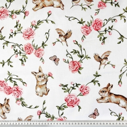 Baumwolle 100% Hasen und Vögel mit Rosen auf weißem Hintergrund  