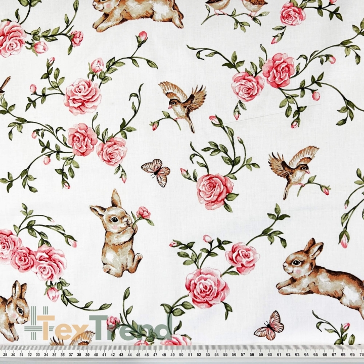Baumwolle 100% Hasen und Vögel mit Rosen auf weißem Hintergrund  