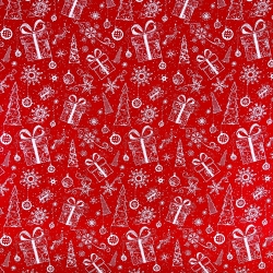 100% Baumwolle mit weihnachtlichem Muster von Tannenbaumkonturen mit Geschenken auf rotem Hintergrund  