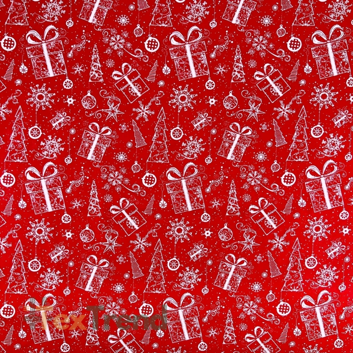 100% Baumwolle mit weihnachtlichem Muster von Tannenbaumkonturen mit Geschenken auf rotem Hintergrund  